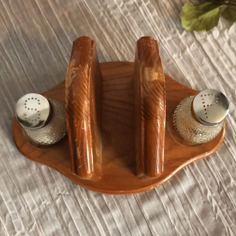 Vintage 1960s Salt & Pepper Shakers Cut Glass Beveled & Pfalzgraff napkin holder